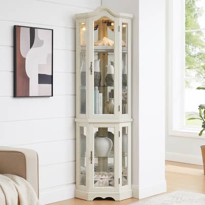 Lighted Corner Curio Cabinet with Tempered Glass Doors & Shelves - Elegant Oak Display Storage for Living Room & Bedroom Decor