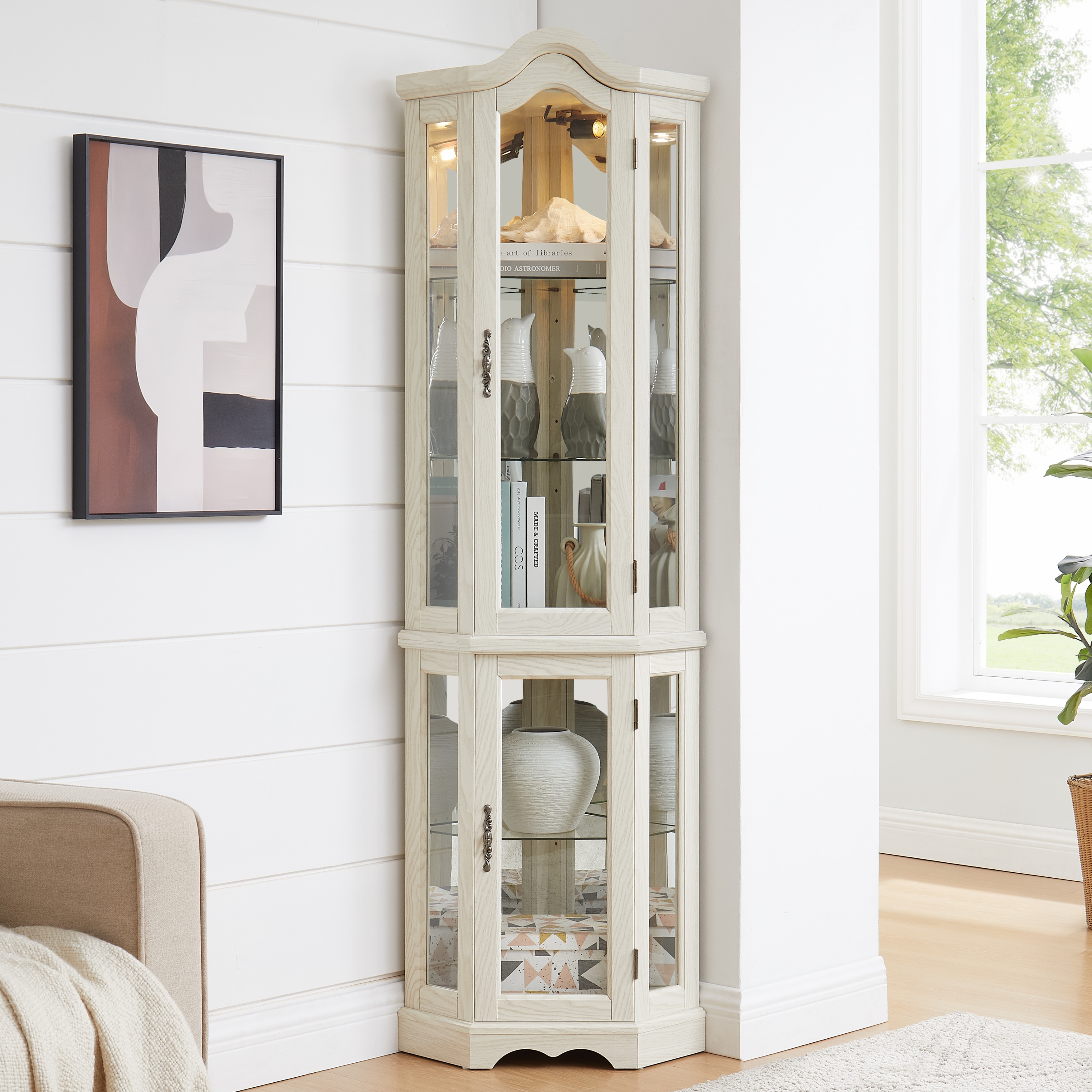 Lighted Glass Display Tempered Glass Doors and Shelves, Crown Corner Cabinet with Bulb, Corner Storage Decoration