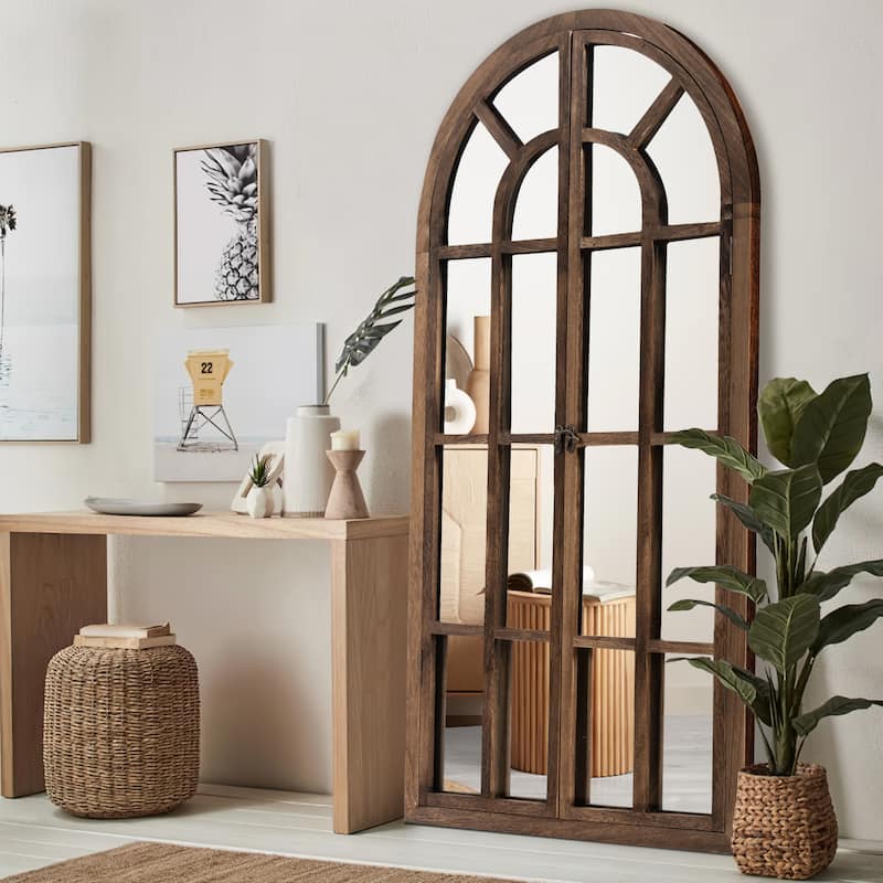 Rustic Wood Arched Window Wall Mirror - Distinctive Full Length Vanity Mirror