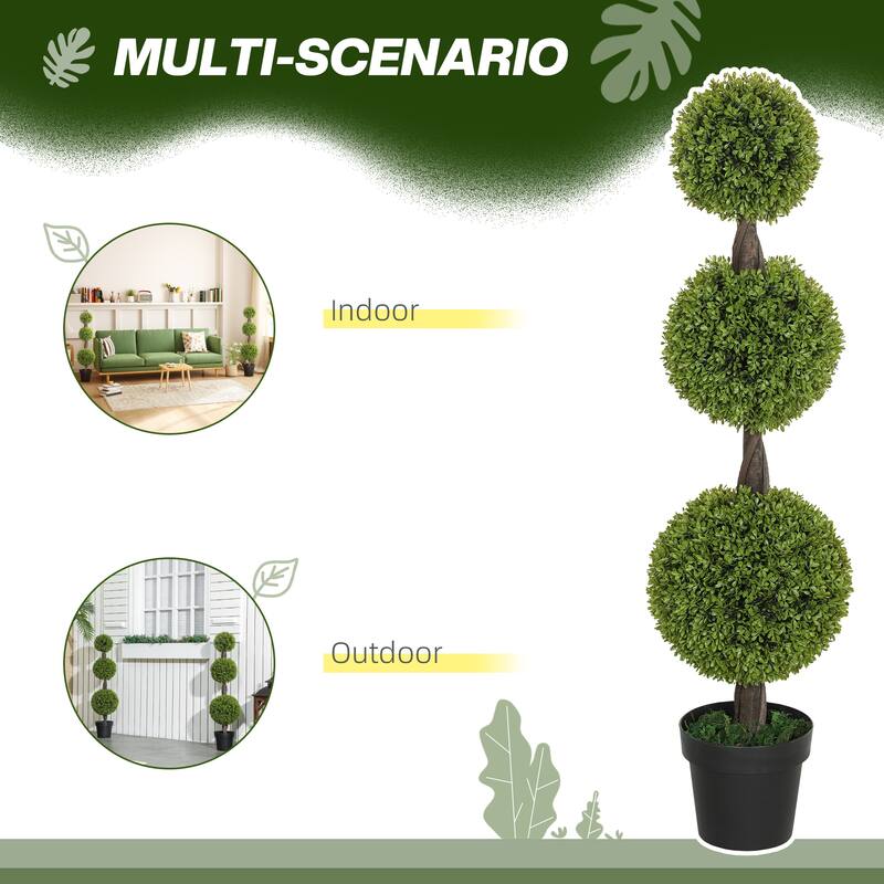 HOMCOM Set of 2 Decorative Artificial Plants, Topiary Ball-shaped Boxwood Trees in Pots, Fake Plants for Home Indoor outdoor