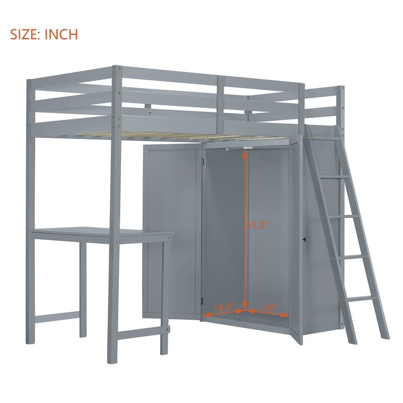 Loft Bed with Wardrobe and Desk and Shelves