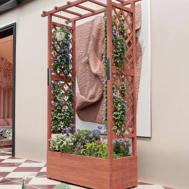 Freestanding Garden Bed Raised Wooden Planter Box with Trellis