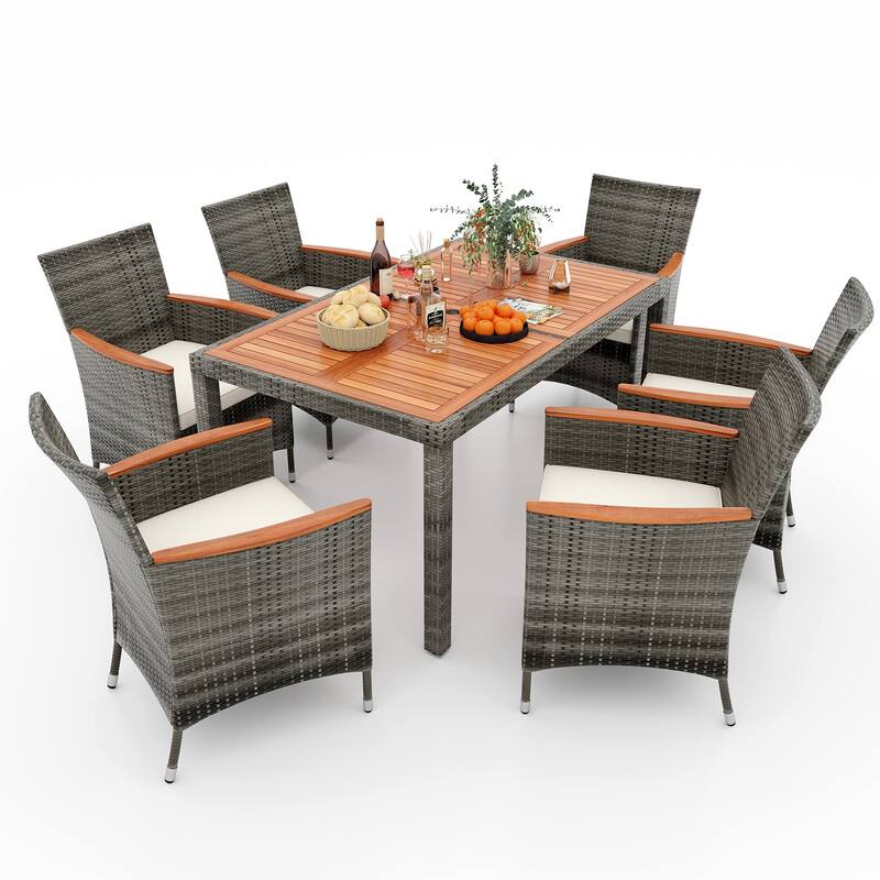 Cushioned 7-Piece Patio Dining Set in Acacia Wood and PE Rattan Wicker - 59" L x 35.5" W x 29" H