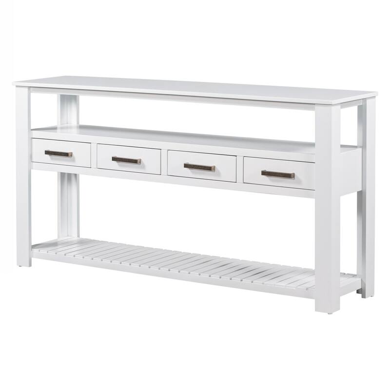 Entryway Table with 4 Drawers,Painted Console Table with 3-Tier Open Shelves and Metal Handles,Versatile Hallway Sofa Table