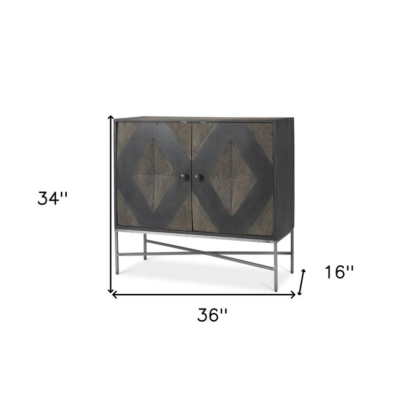 HomeRoots 36" Dark Brown and Silver Solid Wood and Iron Carved Geometric Accent Cabinet With Two Doors