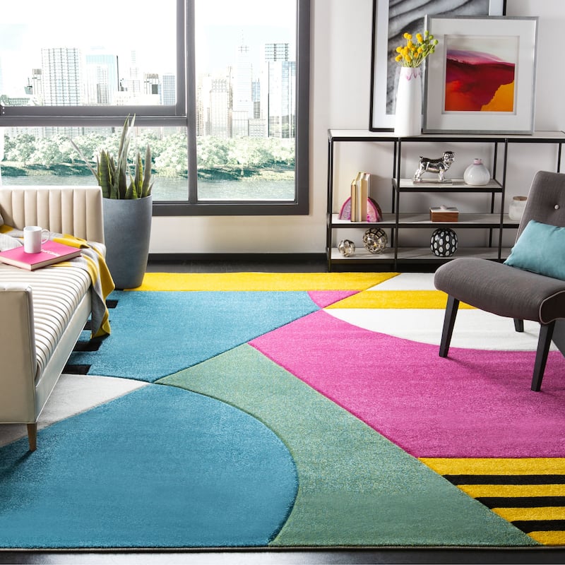 SAFAVIEH Hollywood Adilene Mid-Century Modern Abstract Rug - 6'7" x 9' - Peacock Blue/Fuchsia - Rectangle