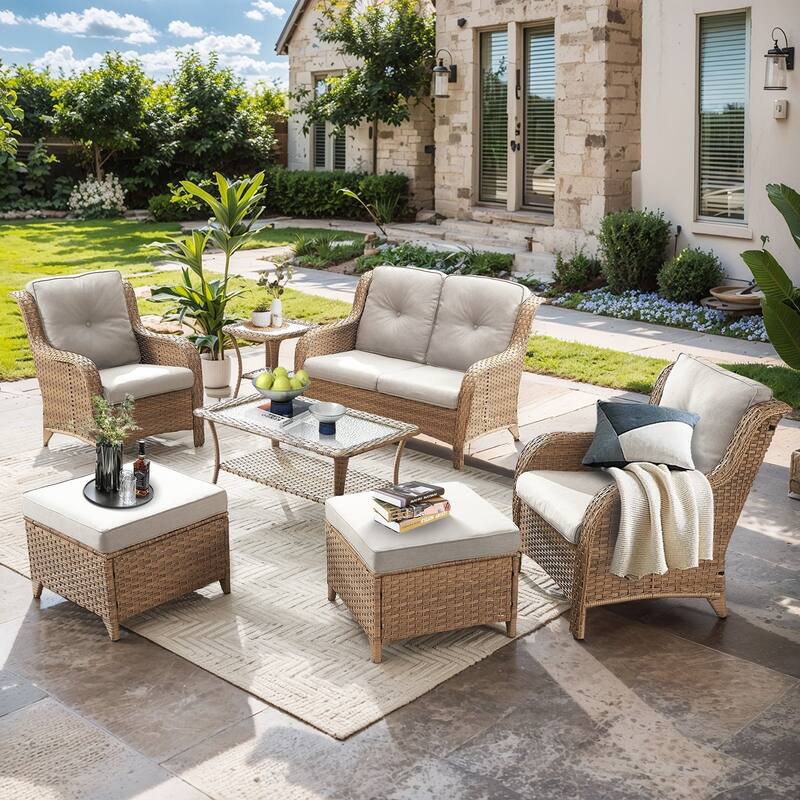 Outdoor Loveseat Sofa with Chair Ottoman Table - 7PCS - Sofa with Chair Table and Ottoman - Yellow Rattan - Beige Cushion