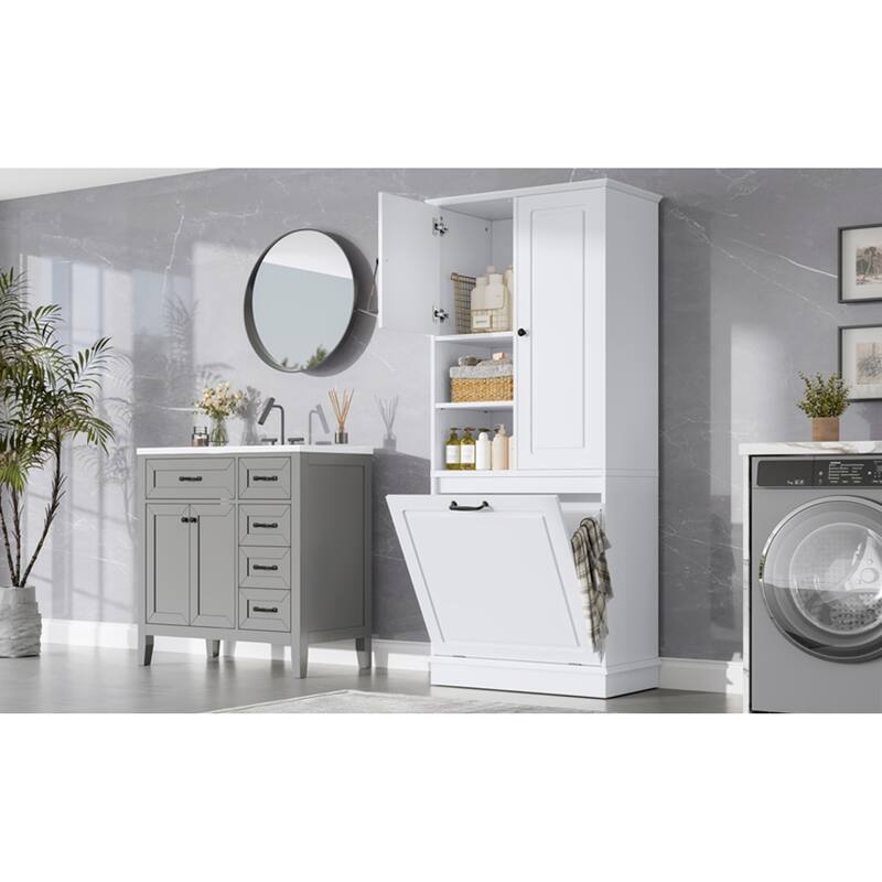 Roomfitters 67" Tall Storage Cabinet with Flip-Out Basket & Adjustable Shelves, MDF Linen Tower for Bathroom & Office