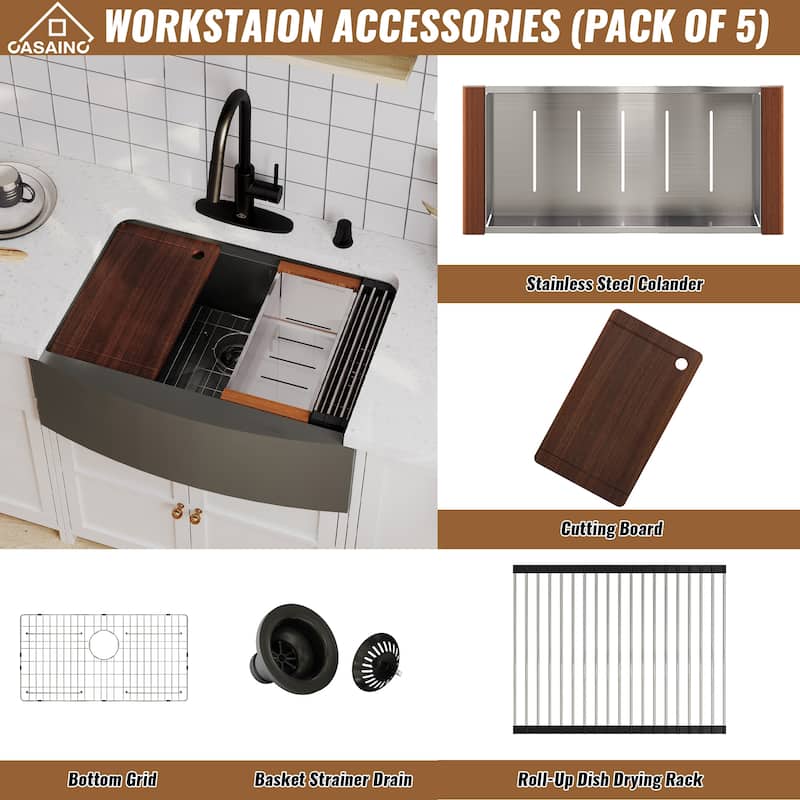 Stainless Steel 16-Gauge Single Bowl Farmhouse Apron Workstation Kitchen Sink in Gunmetal Black with Accessories
