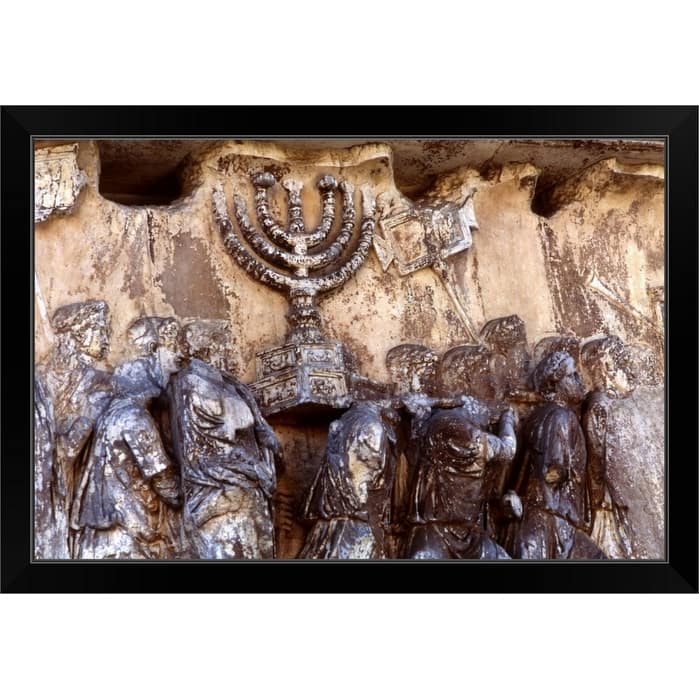 "Relief on wall of Forum depicting Roman troops taking menorah from temple" Black Framed Print