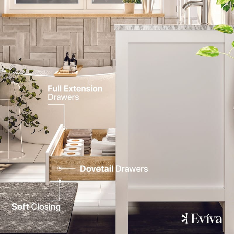 Eviva London 30"W x 18"D White Bathroom Vanity with Carrara Quartz Countertop and Undermount Porcelain Sink