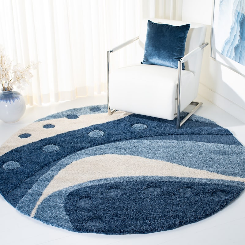 SAFAVIEH Florida Shag Wakaba Abstract 1.2-inch Thick Rug - 6'7" Round - Dark Blue/Ivory