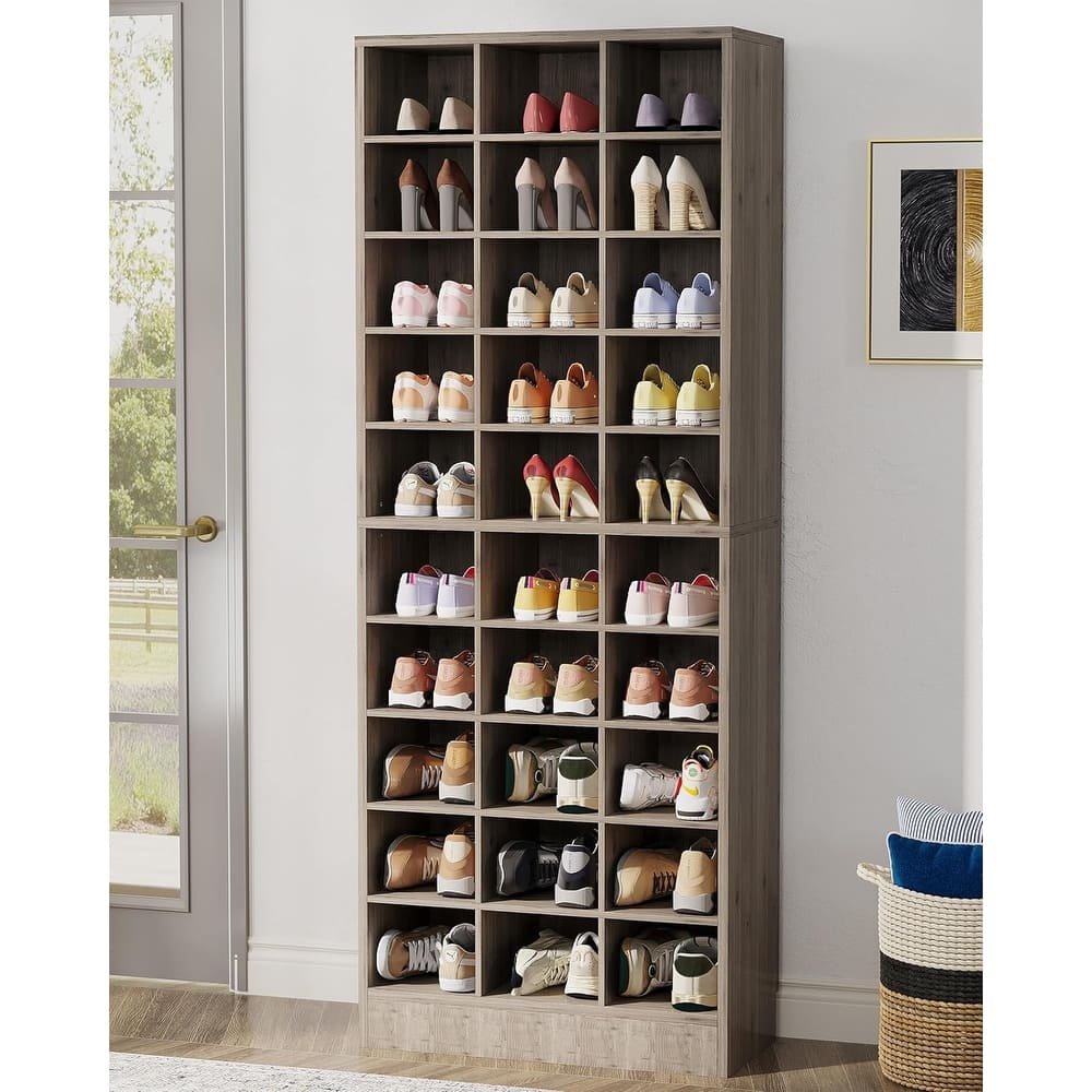 10-Tier Tall Shoe Storage Cabinet Wooden Shoe Rack with 30 Cubbies