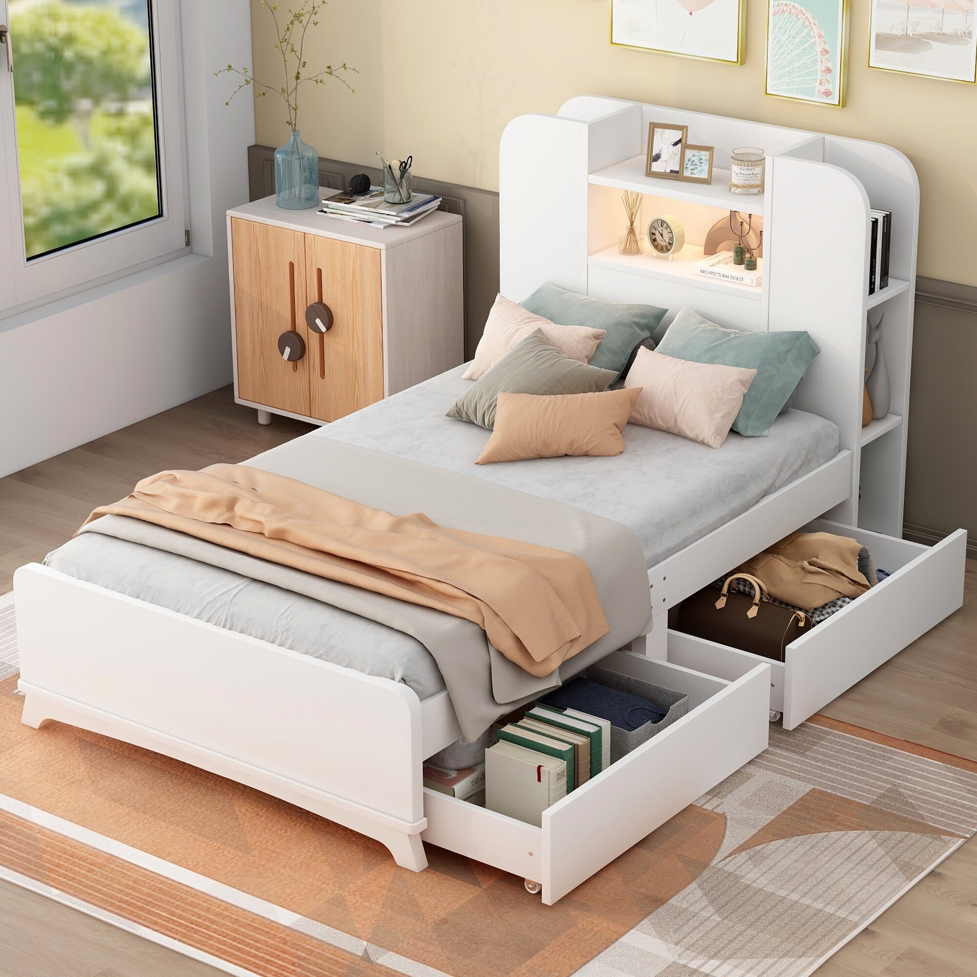 Twin Storage Platform Bed with Bookshelf Headboard Light Strip Design Wooden Bed Frame with 2 Drawers No Box Spring Needed