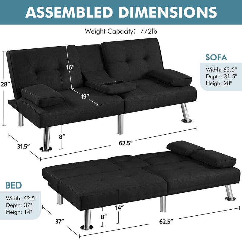 Yaheetech Fabric Upholstered Convertible Futon Sofa Bed