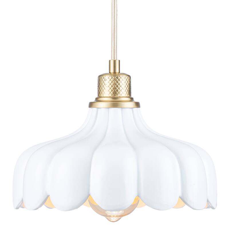 Modern Brushed Gold Pendant Light with Ceramic Flower Shade Fixture - Dia.10-in