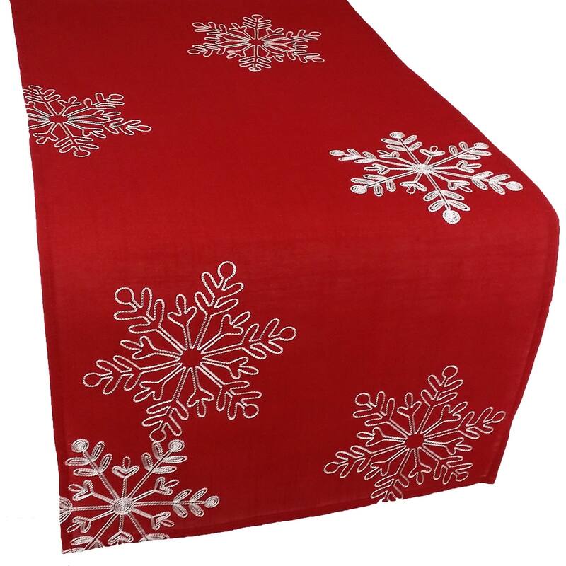 Christmas Red Table Runner Embroidered With White Snowflakes, 15 by 90-Inch