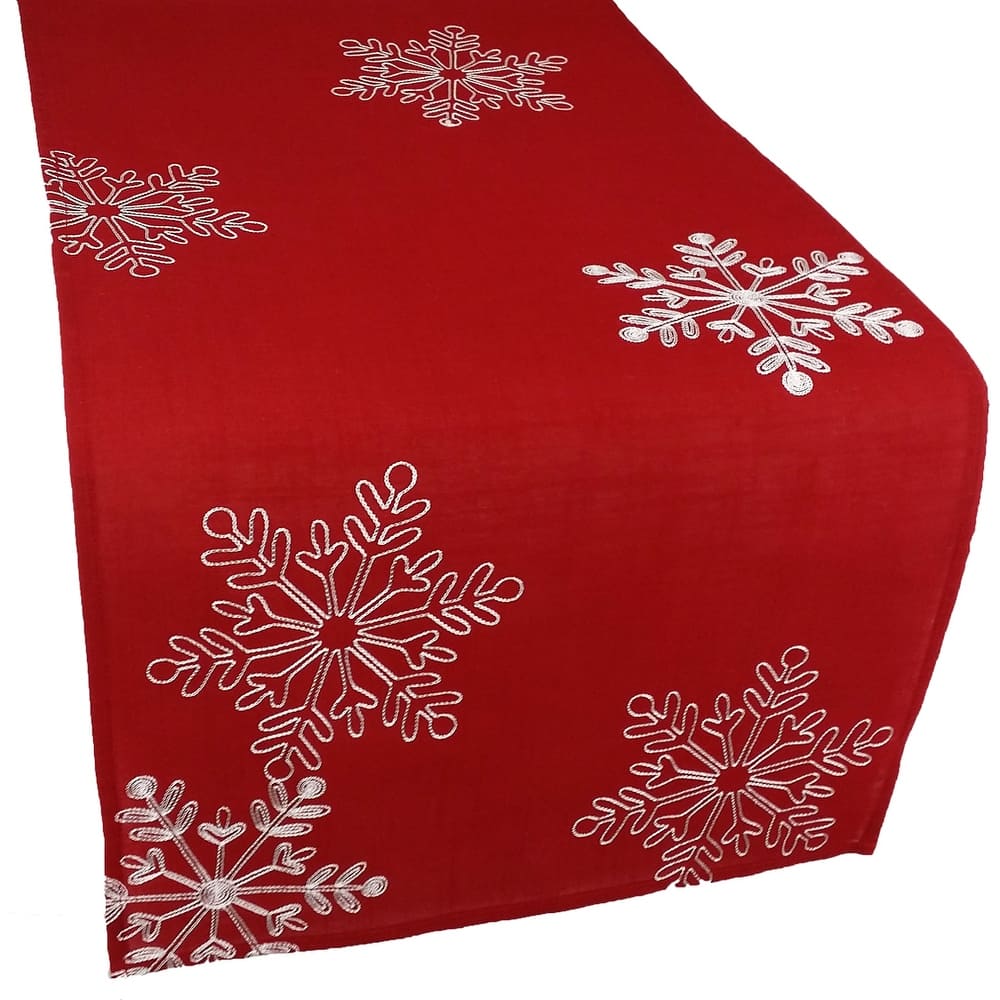 Christmas Red Table Runner Embroidered With White Snowflakes, 15 by 90-Inch