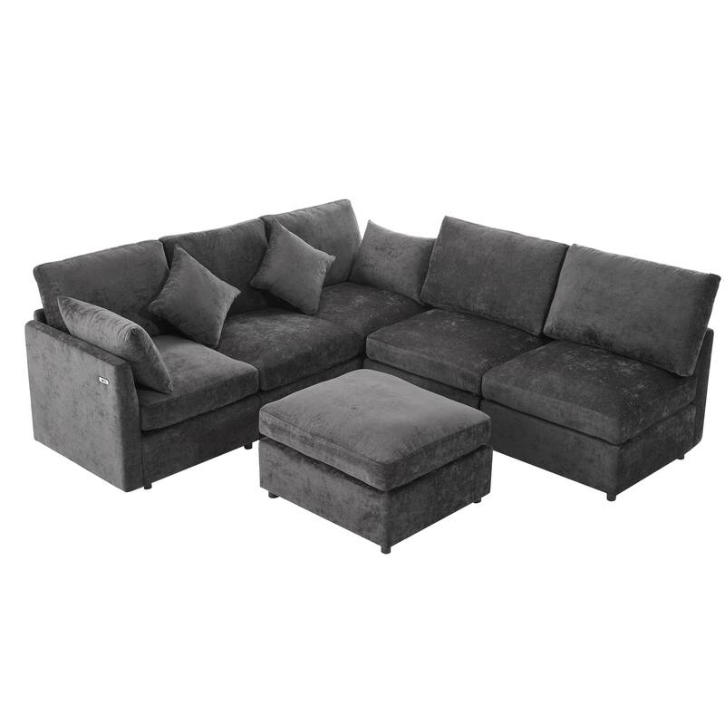 L-Shaped Modular Sectional Sofa Convertible U-Shaped Sofa Bed with Movable Ottoman and 2 USB Ports, 2 Pillows, Chenille 5 Seat