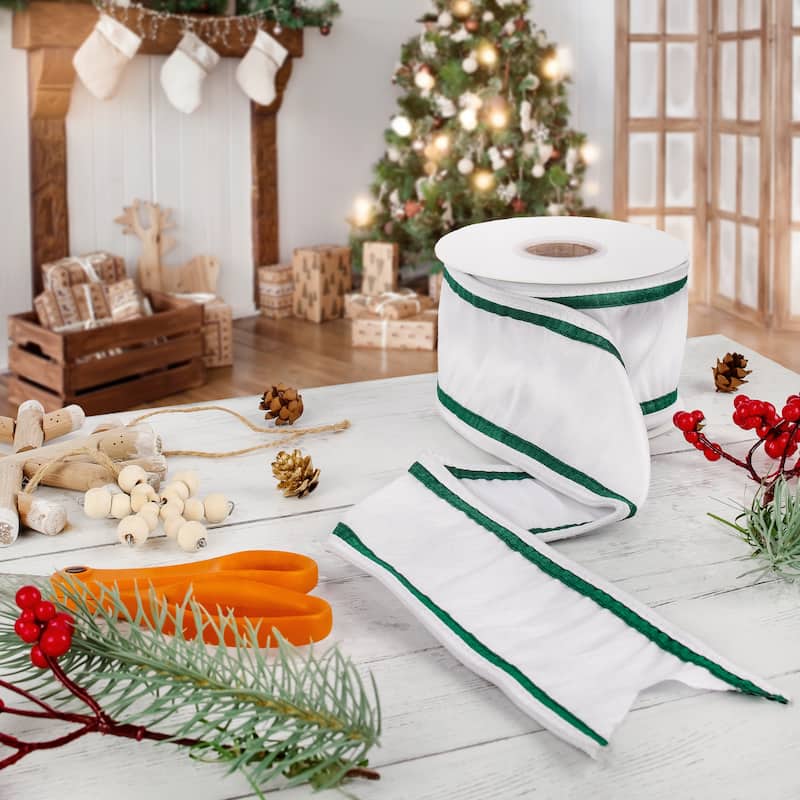 HGTV Home Collection Dupion Double Side Piping Ribbon, White Green, 3 in - 3 in