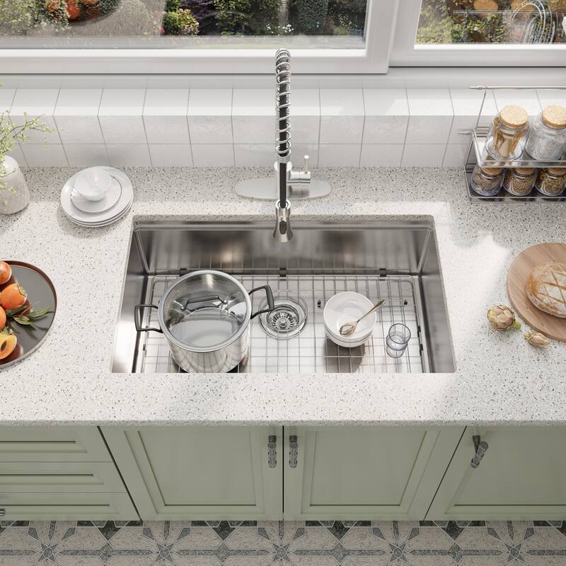 Undermount Single Bowl Nano Brushed Stainless Steel Workstation Kitchen Sink with Two-Function Kitchen Faucet and Accessories