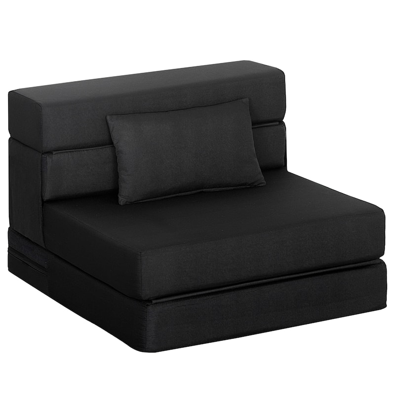 HOMCOM Folding Sofa Bed, Sleeper Chair with Pillow, Modern Linen Convertible Chair Bed, Fold Out Floor Futon Couch - Black