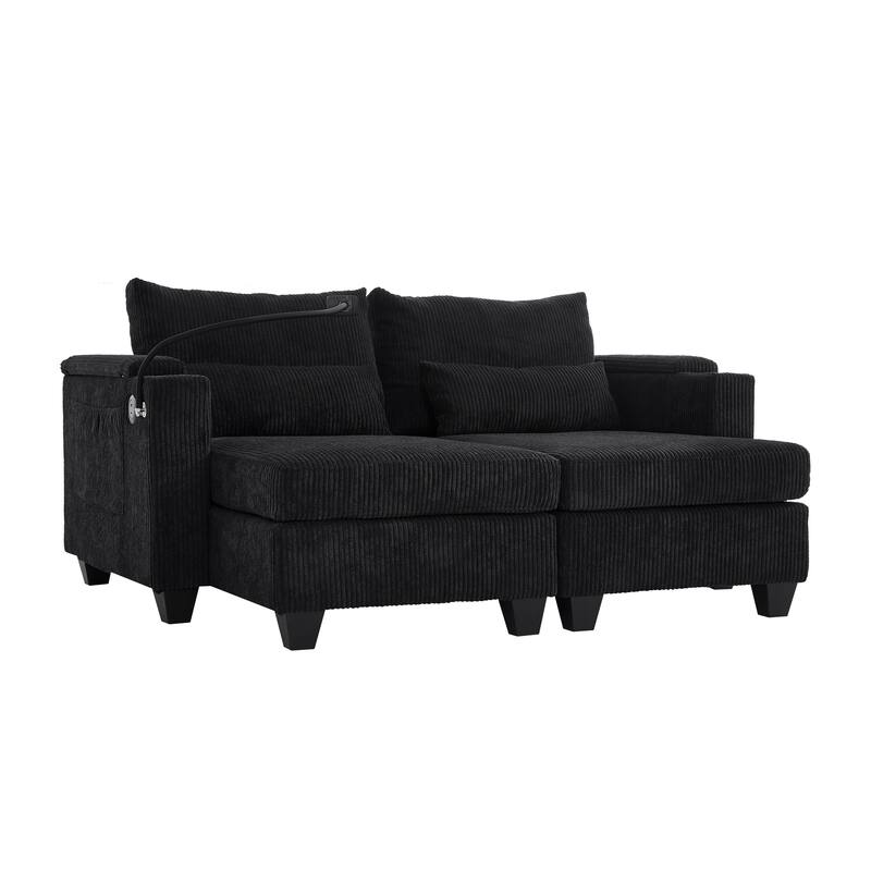 63" Convertible Corduroy Sofa Bed with USB Ports, Storage & Lumbar Pillows, Black