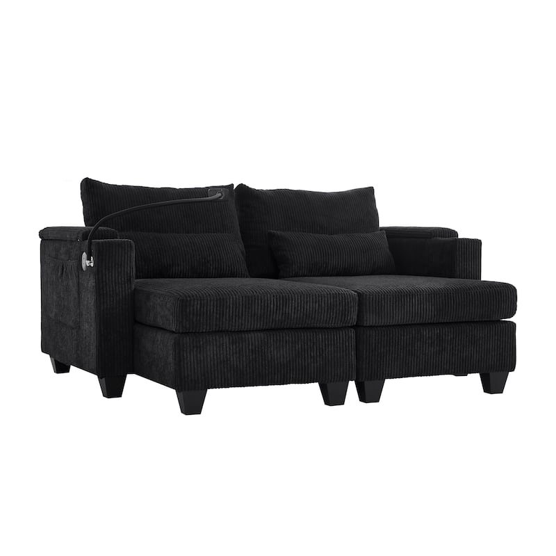 Convertible Chaise Lounge 63" Loveseat Sofa Sofa Bed Corduroy Sleeper Sofa with USB Ports, Two Cup Holders