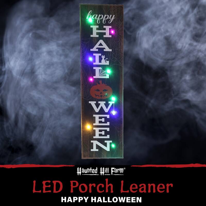 Haunted Hill Farm 45-in. "Happy Halloween" Porch Leaner Sign with LED Lights