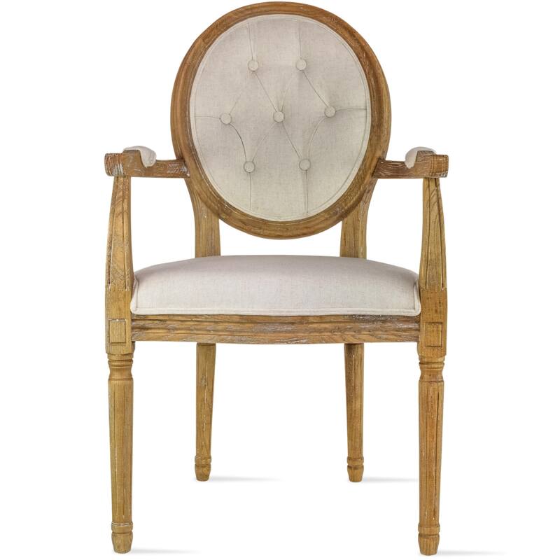 Set of 2 Cream Color Upholstered Button Tufted Back Fabric Dining Modern Arm Chair With Padded Seat Solid Wood Legs