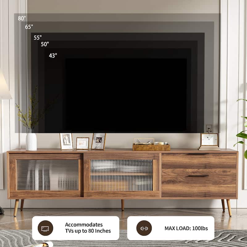 71" TV Stand with Tempered Glass Sliding Doors and 2 Drawers