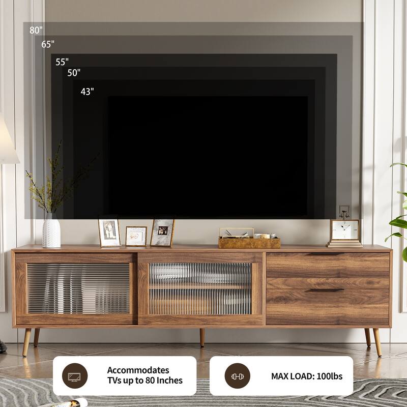 Roomfitters 70" TV Console for 75"+ TVs, Media Unit with 2 Glass Doors, 2 Drawers and Storage Cabinets, Modern Style, Walnut
