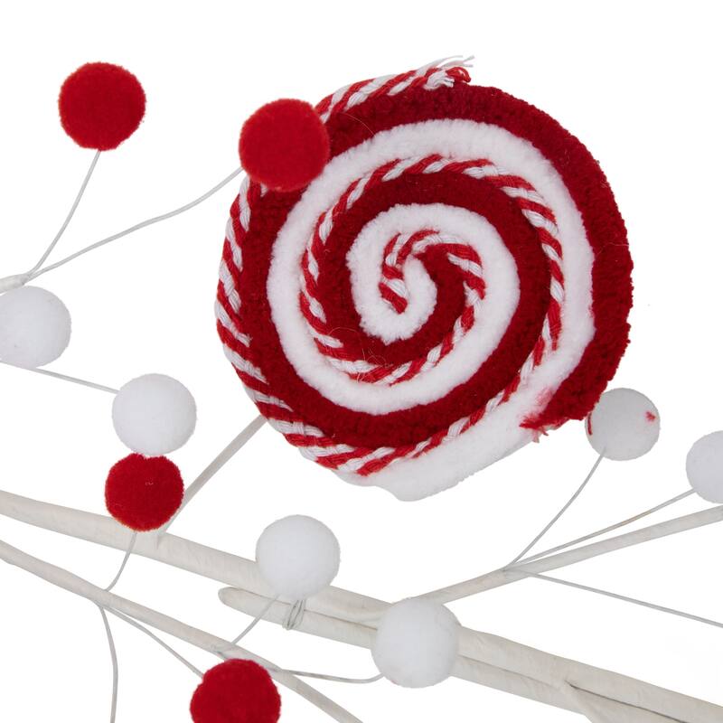 30" Red and White Striped Candy Cane Swirls and Pom Poms Christmas Pick