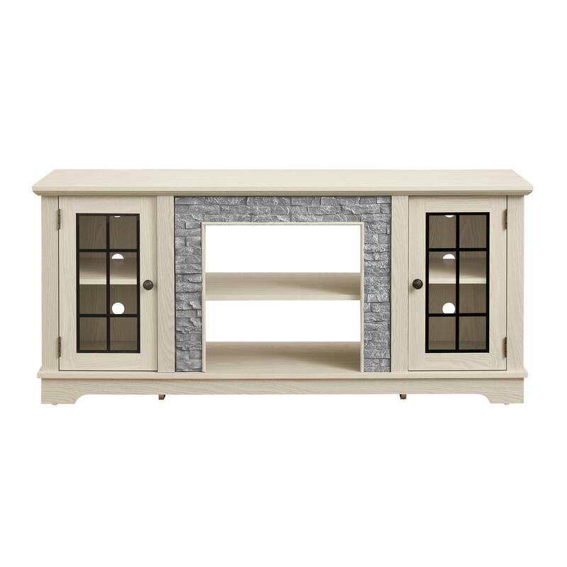 Modern TV Stand, Faux Stone Media Console Cabinet, Entertainment Center with 2-Door Storage, for Living Room, White