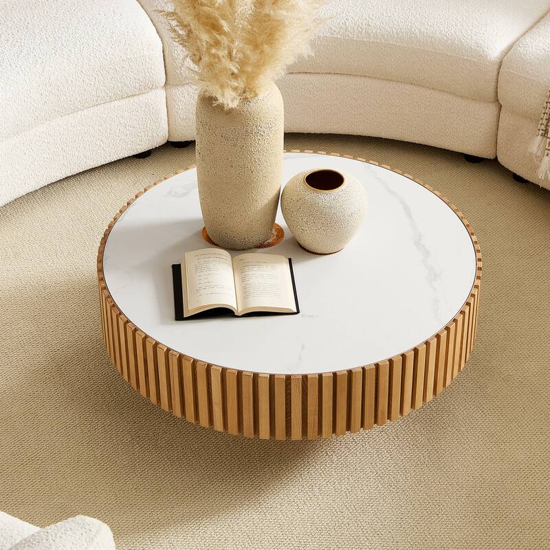 Luxury Round Coffee Table with Faux Marble Top, 35.43" Modern Low Drum Shape Cocktail Table for Living Room, Reception Room