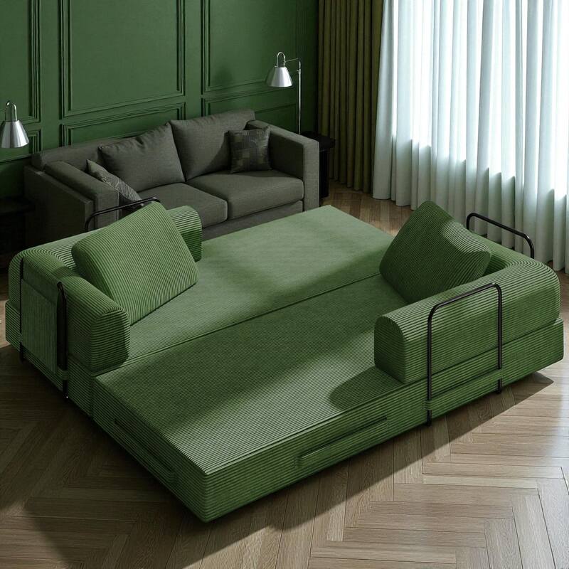 Convertible Corduroy Sleeper Sofa Bed, 3-Seat Folding Floor Couch with Cylindrical Pillow & Fixed-Shape Frame