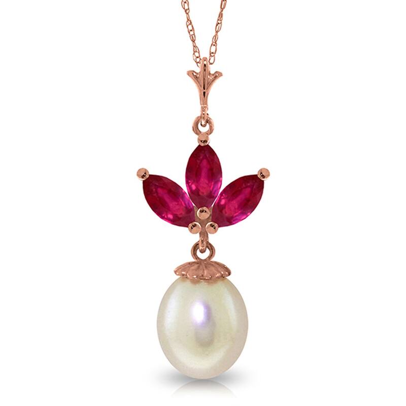 4.75 Carat 14K Solid Gold Necklace Natural Gemstone Pearl Ruby - 22 Inch - Rose