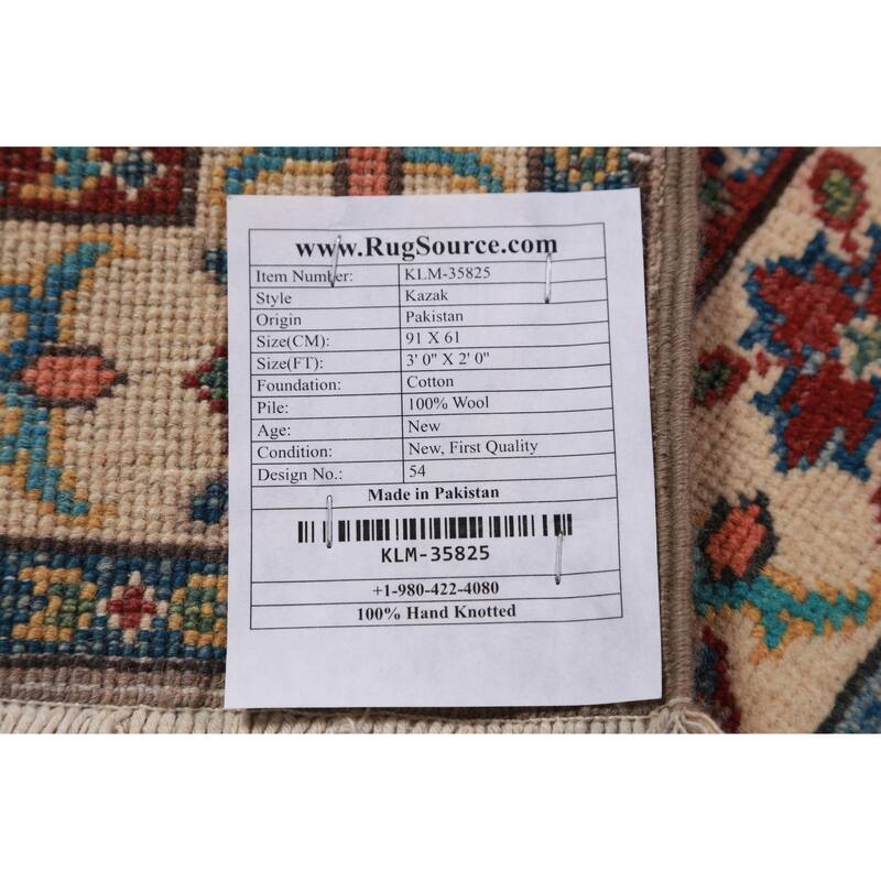 Geometric Kazak Oriental Accent Rug Hand-Knotted Grey Wool Carpet - 2'0"x 3'0"