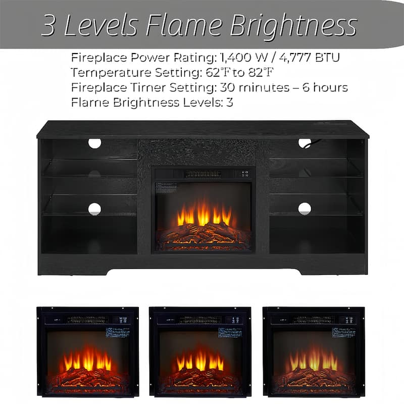 58"W Fireplace TV Stand with 18'' Fireplace, LED Light, USB Outlet - 58''W*15.5''D*24.4''H