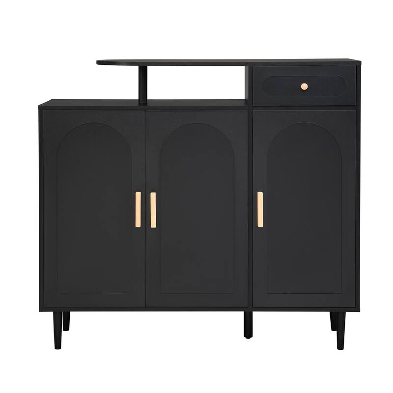 Elegant Shoe Cabinet with Arched Doors and Drawer, Cream Style Storage Sideboard with Adjustable Shelves and Solid Wood Legs