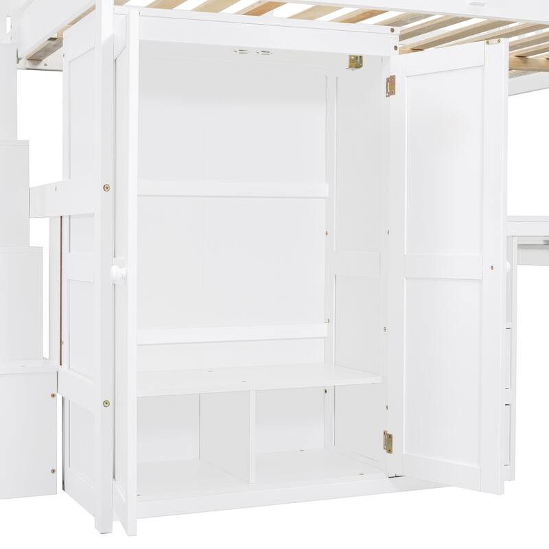 Multifunctional Full Size Loft Bed with Stairs, Bookshelf, Drawers, Desk & Wardrobe - White