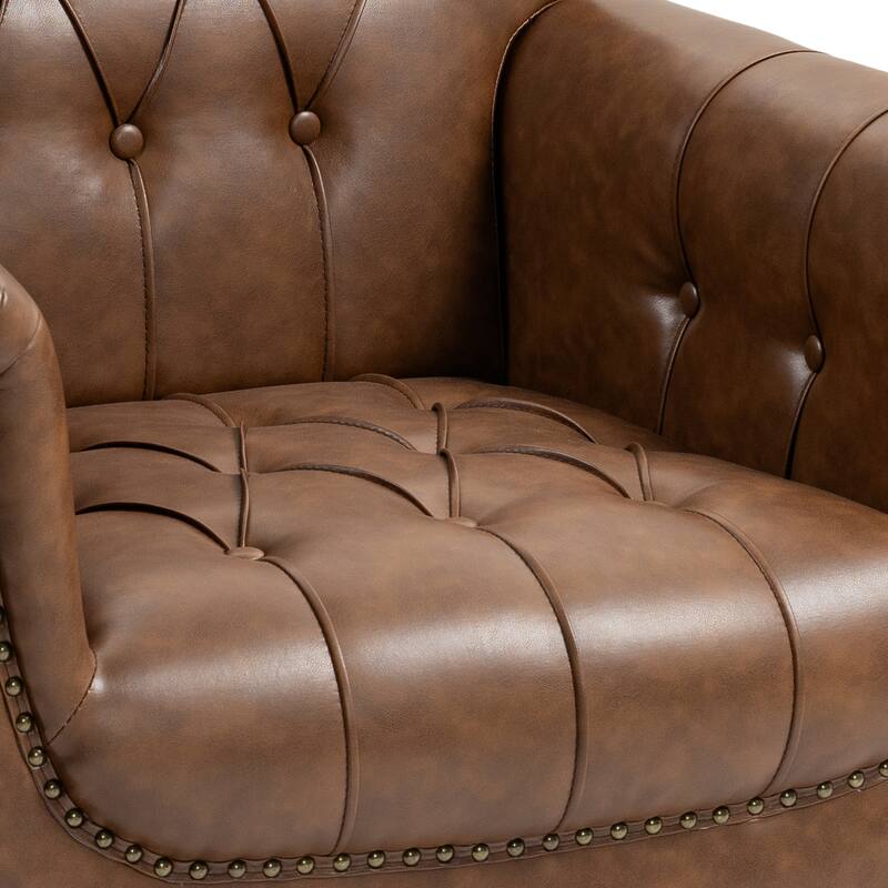 Set of 2 Tufted Vegan Leather Armchairs with Nailhead Trim and Wood Frame