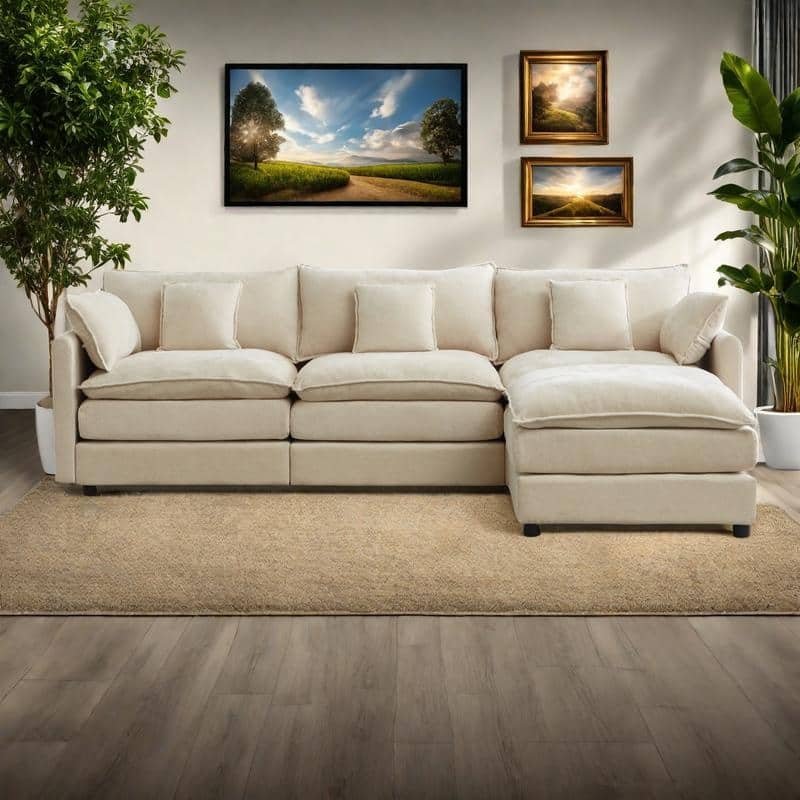 99" Chenille L-Shaped Sectional Sofa with Ottoman and 3 Seater - White