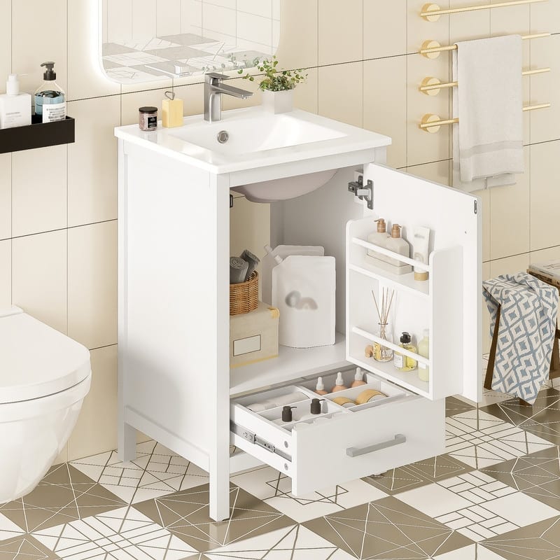20" Bathroom Vanity with Ceramic Sink, Soft-Close Drawer & Door, Double-Layer Door Organizer