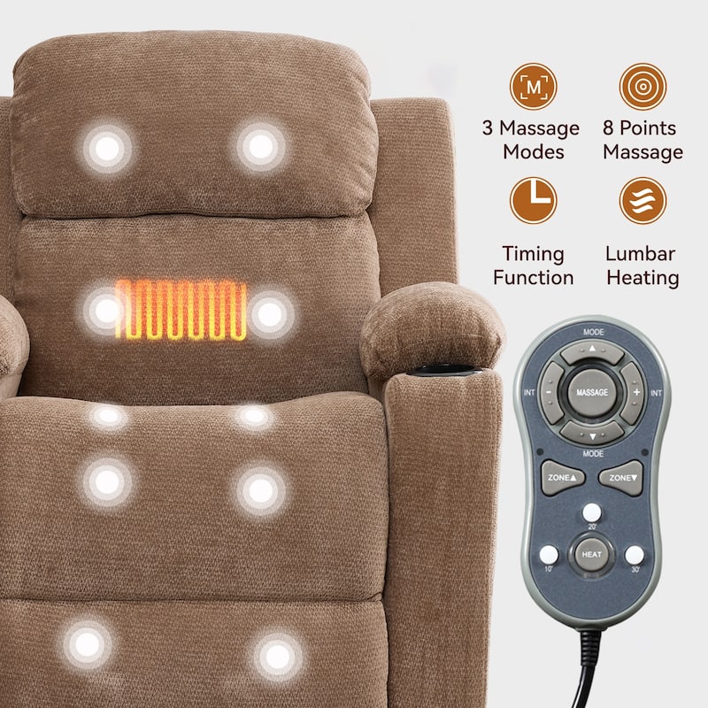 Chenille Power Lift Recliner Chair, Heavy Duty Recliner Chair with Heat & Massage, Lounge Chair with USB Ports & Cup Holders