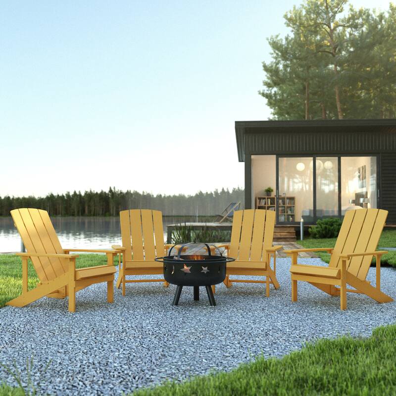 Star and Moon Fire Pit with Mesh Cover & 4 Poly Resin Adirondack Chairs - Yellow