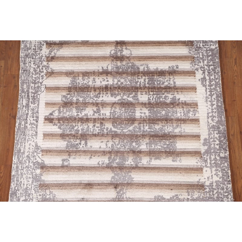 Striped Abstract Area Rug Handmade Oriental Wool Carpet - 4'0"x 5'9"
