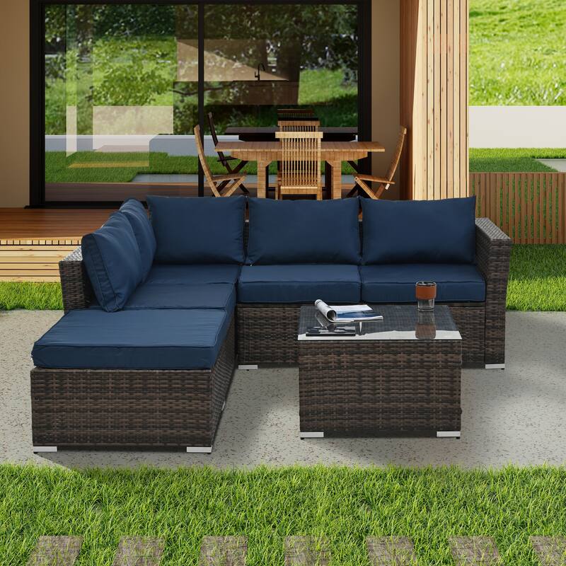 Modular Sectional Sofa with Tempered Glass Coffee Table, PE Wicker Frame Conversation Sets with Ottoman, Convertible Loveseat - Blue