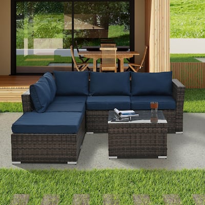 Modular Sectional Sofa with Tempered Glass Coffee Table, PE Wicker Frame Conversation Sets with Ottoman, Convertible Loveseat