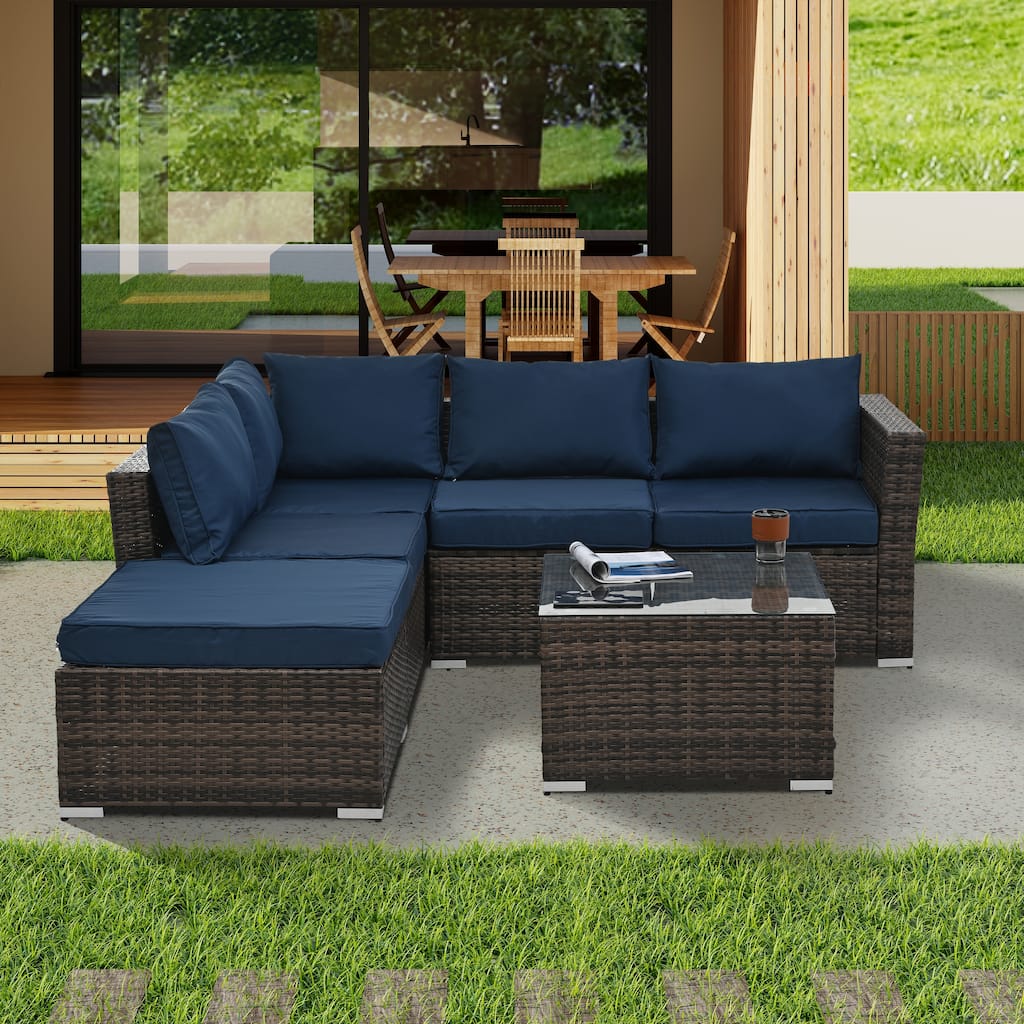 Modular Sectional Sofa with Tempered Glass Coffee Table, PE Wicker Frame Conversation Sets with Ottoman, Convertible Loveseat